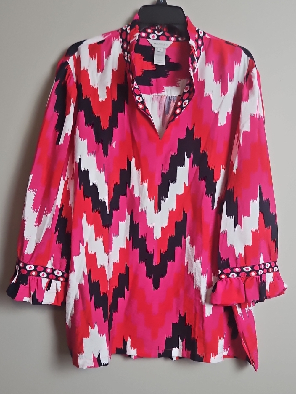 Multiples 3/4 Sleeve V-neck Rufgle Detail Top: Multi Color Chevron/Aztec: 2X